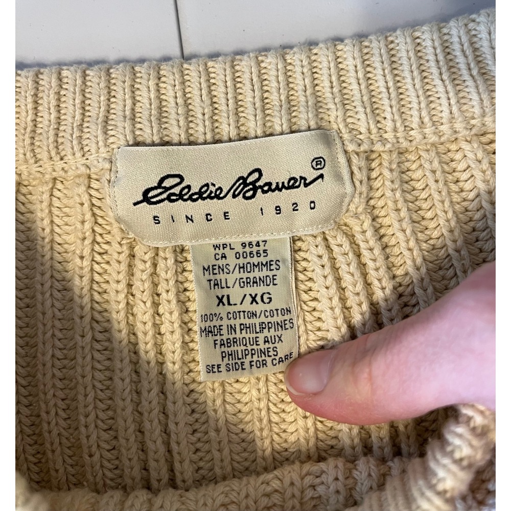 VTG Y2K Eddie Bauer Ribbed‎ Cable Knit 100% Cotton Sweater Mens XL Cream Preppy - Picture 2 of 5